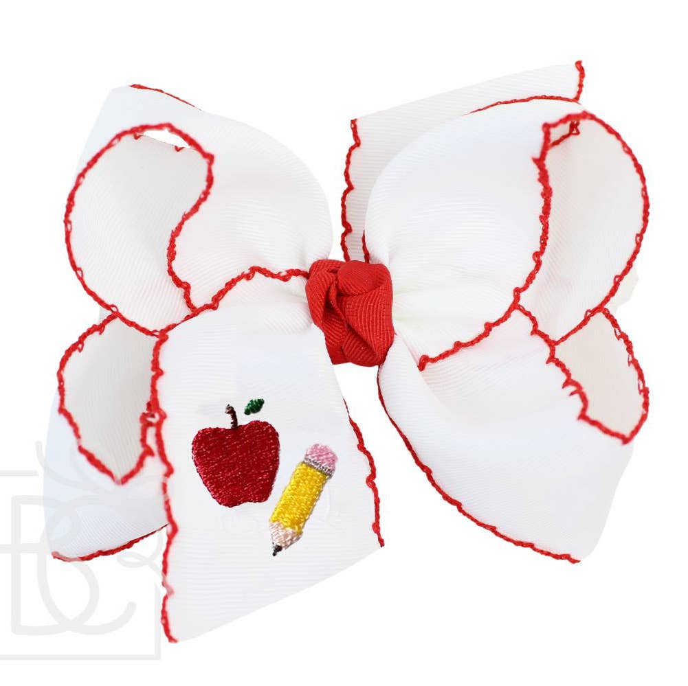4.5" Large Embroidered Apple & Pencil On Red Crochet Edge White Bow