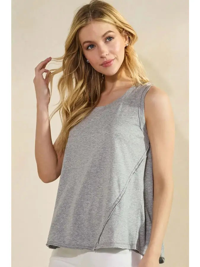 Soft Cotton Tank with Raw Edge Seams in Heather Grey