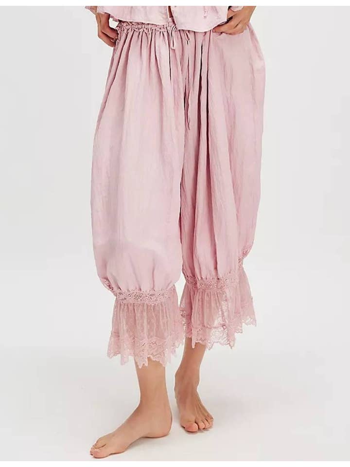 Pink Ladies Elastic Waist Lace String Tie Lantern Pants