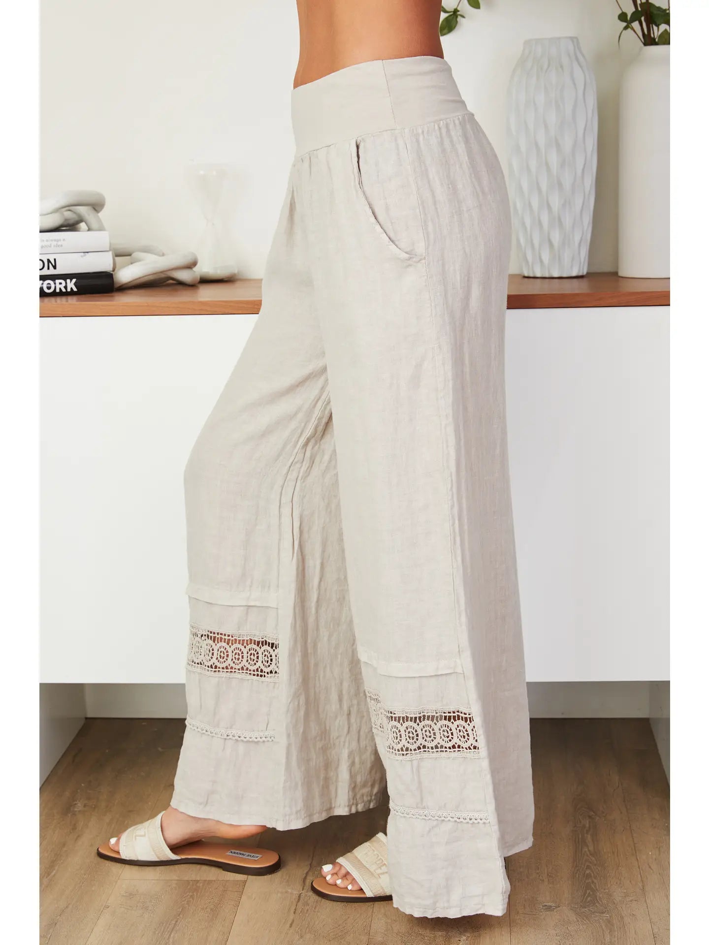 Linen Pant with Banded Waist and Crochet Lace Trim at Hem