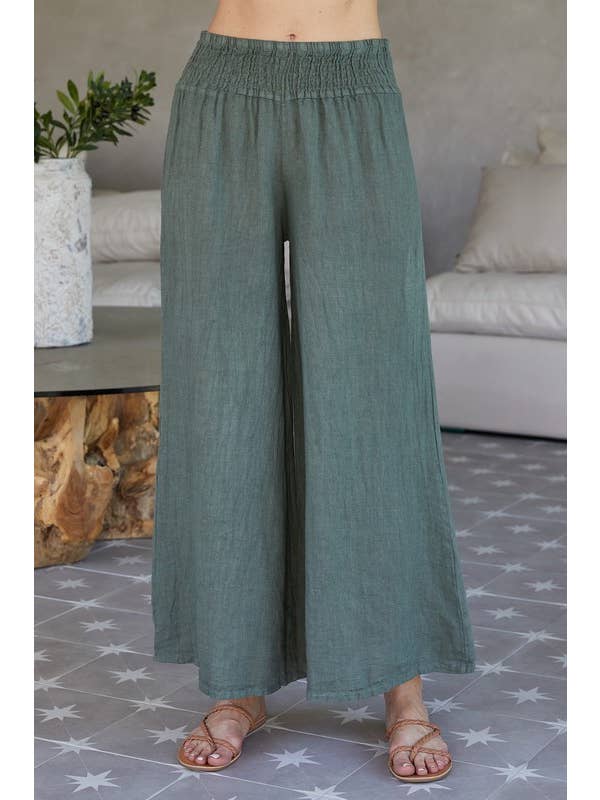 Linen Smocked Waist Palazzo Pants in Army Green