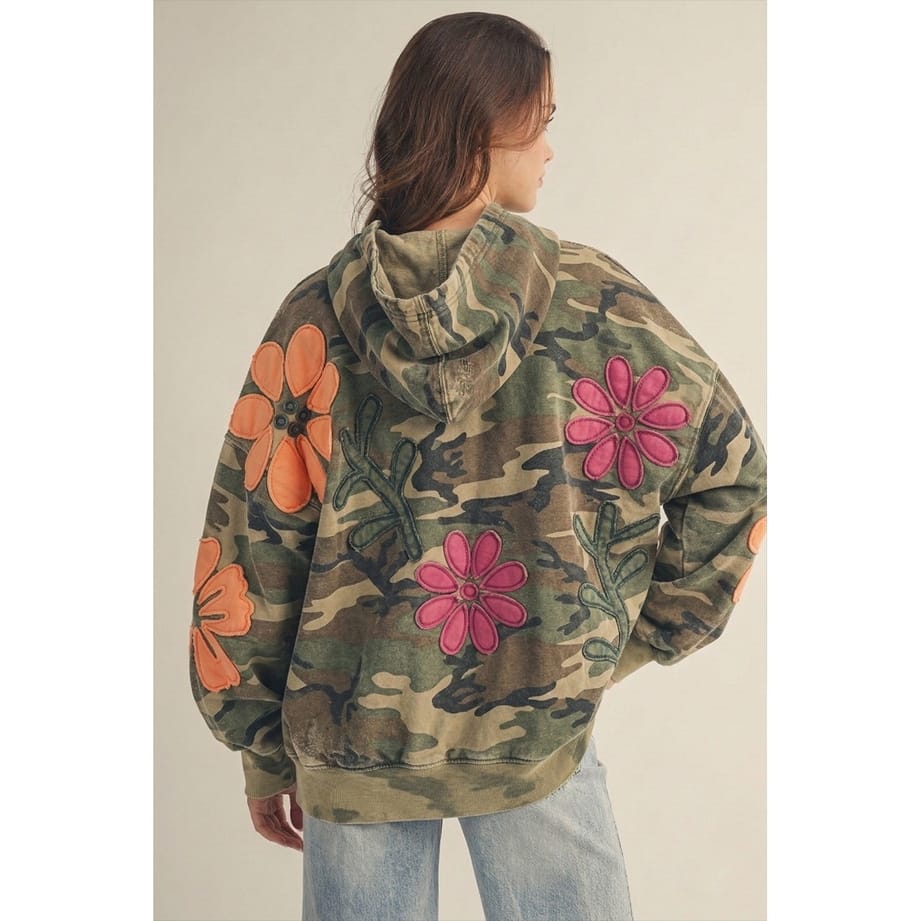 Vintage Camo Artisan Bloom Patch Hearts Oversized Hoodie