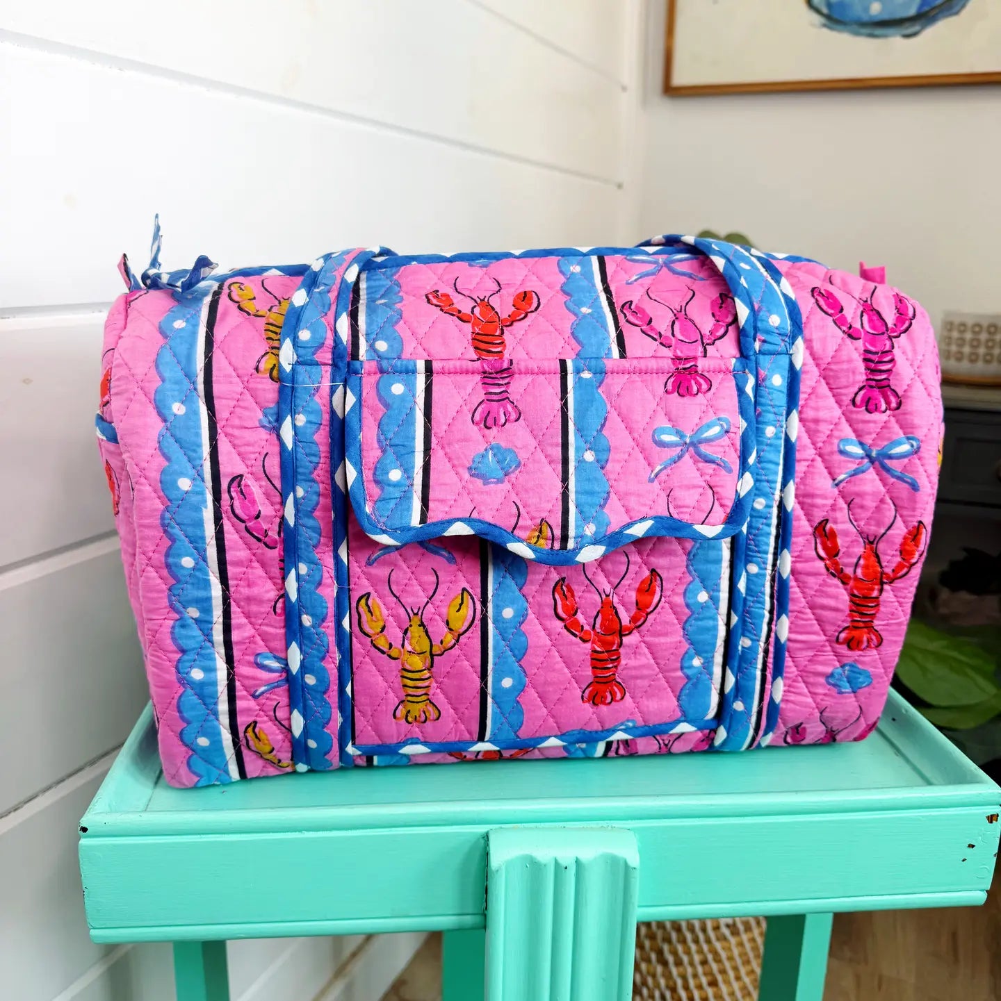 Pink Lobster Quilted Overnight Mini Duffle Bag
