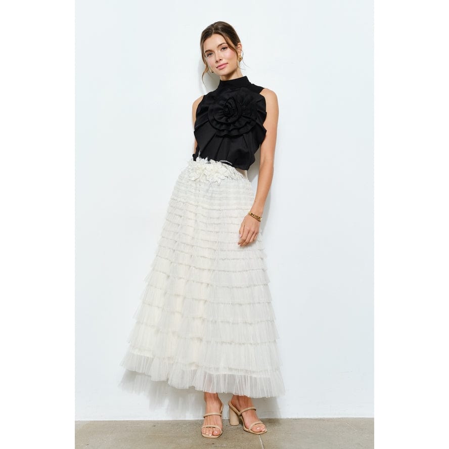 INA Floral Applique Pleated High Neck Top in Black - Little Miss Muffin Children & Home