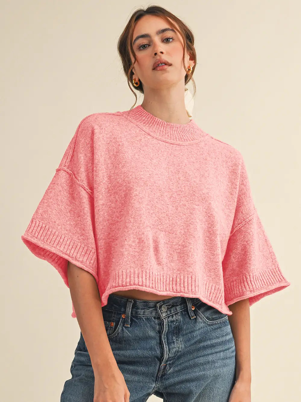 Marled Knit Mock Neck Short Sleeve Crop Sweater in Creamy Cherry