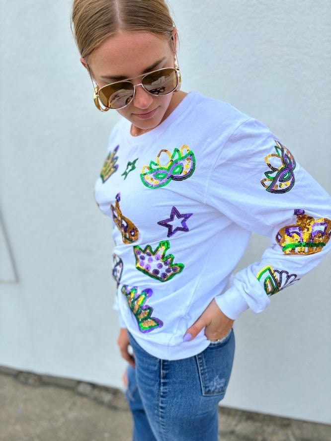 Mardi Gras Creations Mardi Gras Creations Adult Crowns and Masks French Terry Light Weight Pullover - White - Little Miss Muffin Children & Home