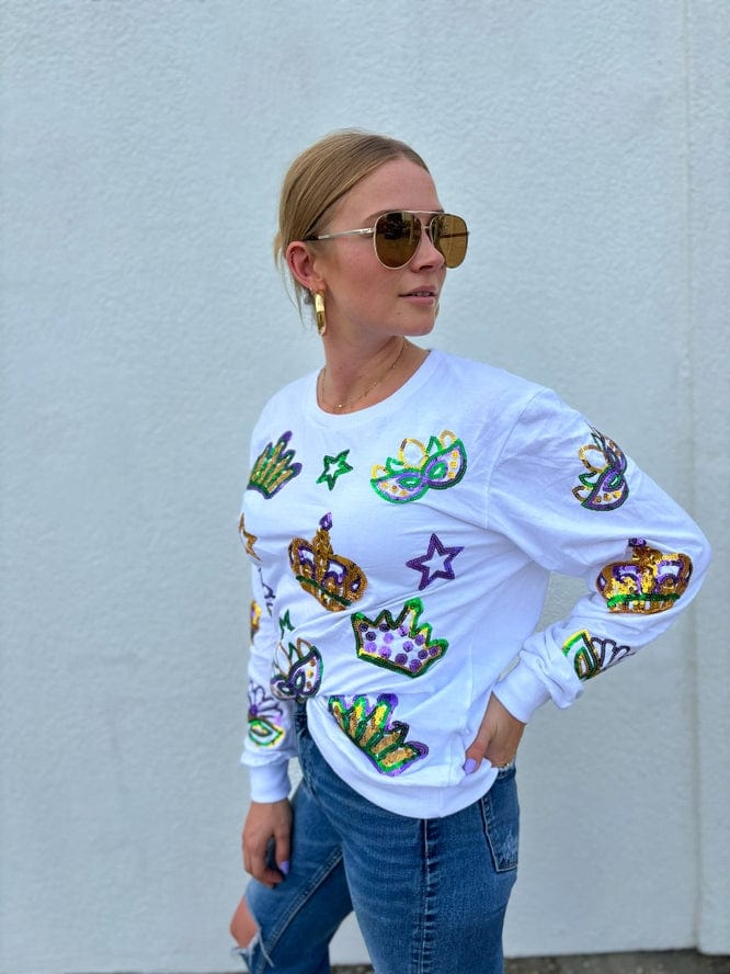 Mardi Gras Creations Mardi Gras Creations Adult Crowns and Masks French Terry Light Weight Pullover - White - Little Miss Muffin Children & Home