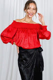 Vine & Love Smocked Off-the-Shoulder Metallic Blouse in Red