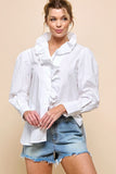 Cezele Ruffle Collar Button Down Blouse in White