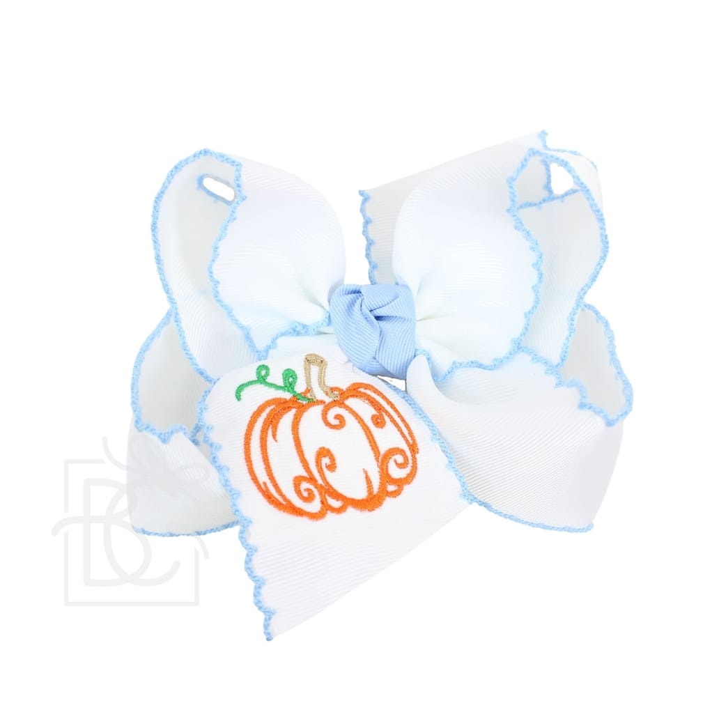 4.5" Large Embroidered Pumpkin Crochet Edge Bow White- Millennium Blue Crochet Edge with Embroidered Orange Pumpkin