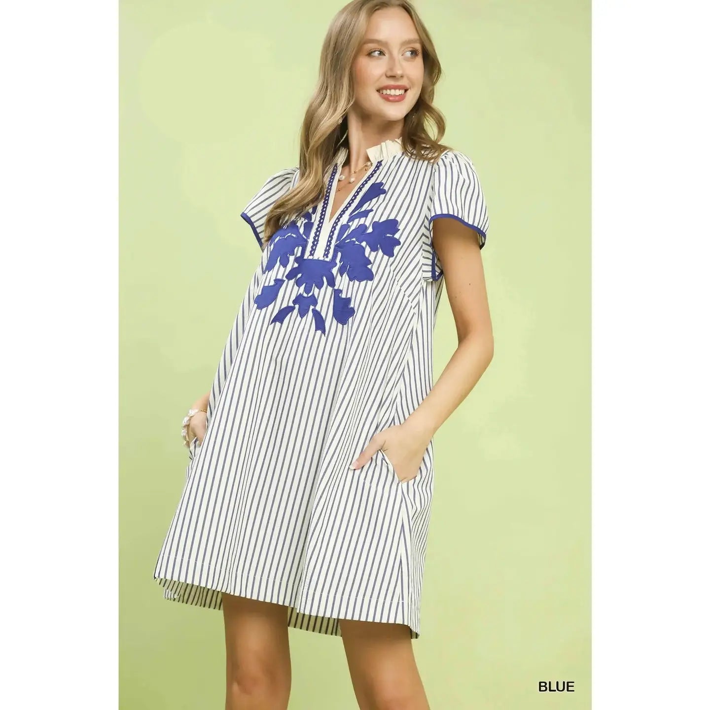 Striped Floral Applique Shift Dress