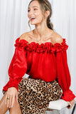 Vine & Love Ruffle Off-the-Shoulder Metallic Blouse in Red