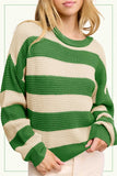 La Miel Loose Fit Striped Round Neck Long Sleeve Sweater in Matcha