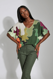 Loowie Camo Floral V-Neck Knit Short Sleeve Sweater – Bold Abstract Print Top