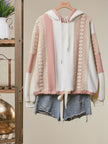 Pale Peach Ivory Crochet Trim Colorblock Zip-Up Hoodie with Drawstring Hem