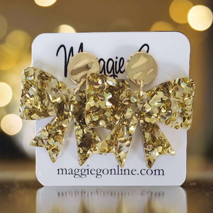 Chunky Gold Glitter Bow Christmas Earrings