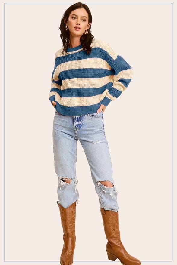 La Miel La Miel Loose Fit Striped Round Neck Long Sleeve Sweater in Denim - Little Miss Muffin Children & Home