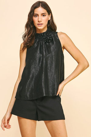 Pinch Ribbon Back Tie Ruffle Neck Sleeveless Top