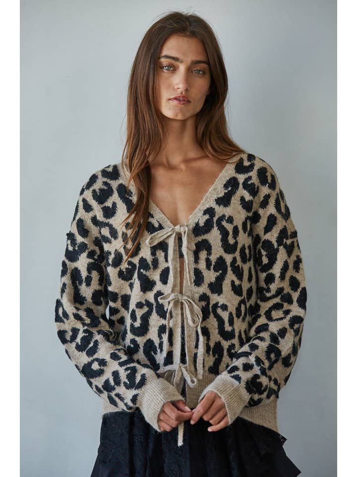 Mocha Black Knit Sweater Animal Print V-Neck Tie Front Cardigan