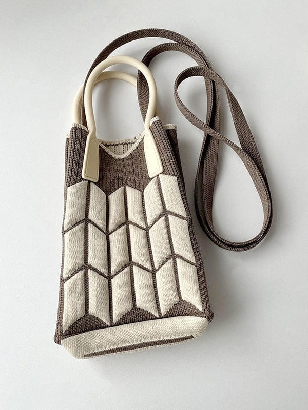 FurDecoration Coffee & Ivory Contrast Geometric Knit Bag with Silicone Handle and Long Knit Strap - Little Miss Muffin Children & Home
