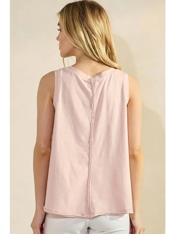 Soft Cotton Tank with Raw Edge Seams in Light Pink