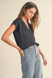 Miou Muse Button Down Cap Sleeve Shirt in Black