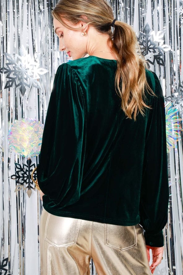 Vine & Love Vine & Love Long Balloon Sleeve Round Neck Velvet Blouse Top in Hunter Green - Little Miss Muffin Children & Home