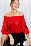 Vine & Love Smocked Off-the-Shoulder Metallic Blouse in Red