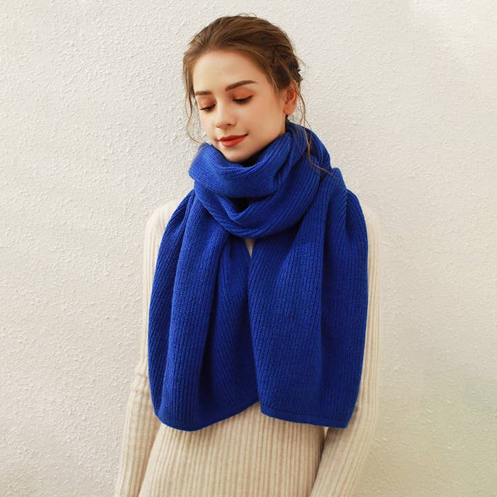 Blue Solid Knit Faux Cashmere Scarf