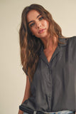 Miou Muse Button Down Cap Sleeve Shirt in Charcoal