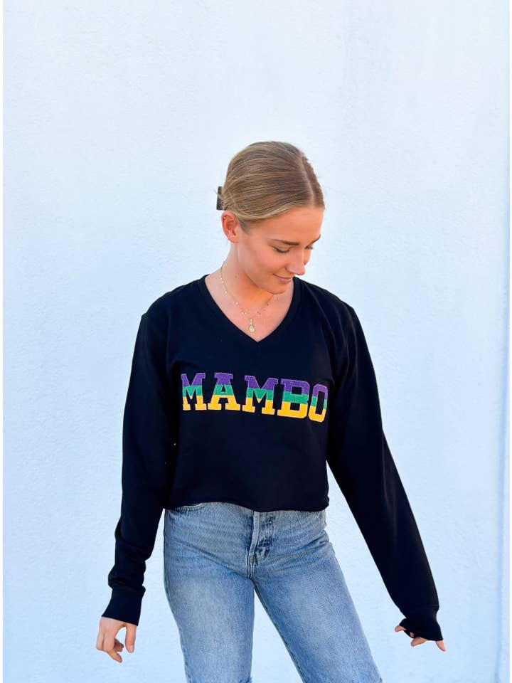Mardi Gras Creations Black Mardi Gras French Terry Adult Vintage MAMBO Crop Shirt - Little Miss Muffin Children & Home