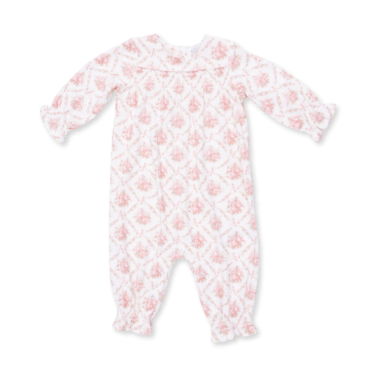 Rose Bow Lattice Smocked Long Sleeve Romper