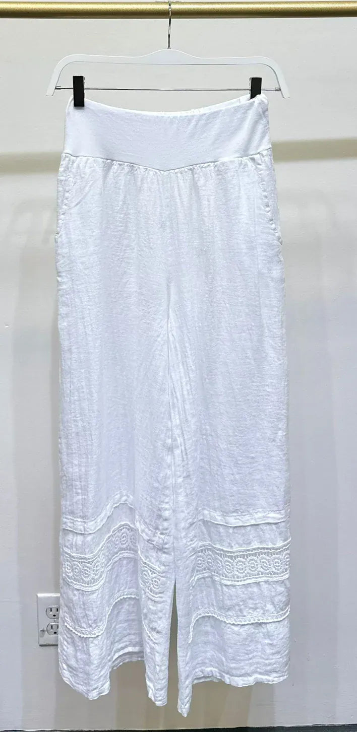 Linen Pant with Banded Waist and Crochet Lace Trim at Hem