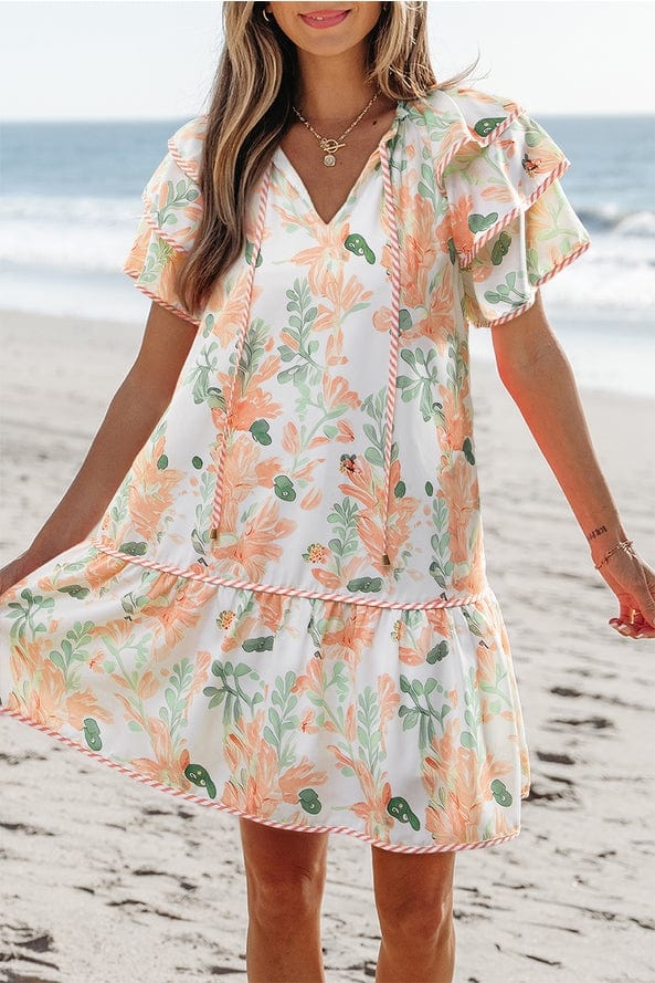 Aapparella Aapparella Floral Contrast Edge Layered Tied Neck Mini Dress - Little Miss Muffin Children & Home