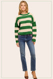 La Miel Loose Fit Striped Round Neck Long Sleeve Sweater in Matcha