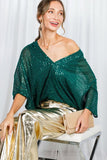 Vine & Love Allover Sequin V-Neck Dolman Sleeve Blouse in Hunter Green