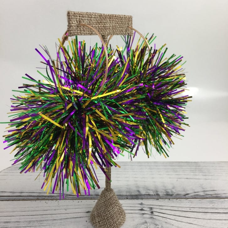 Mardi Gras Tinsel Pom Pom Hoop Earrings