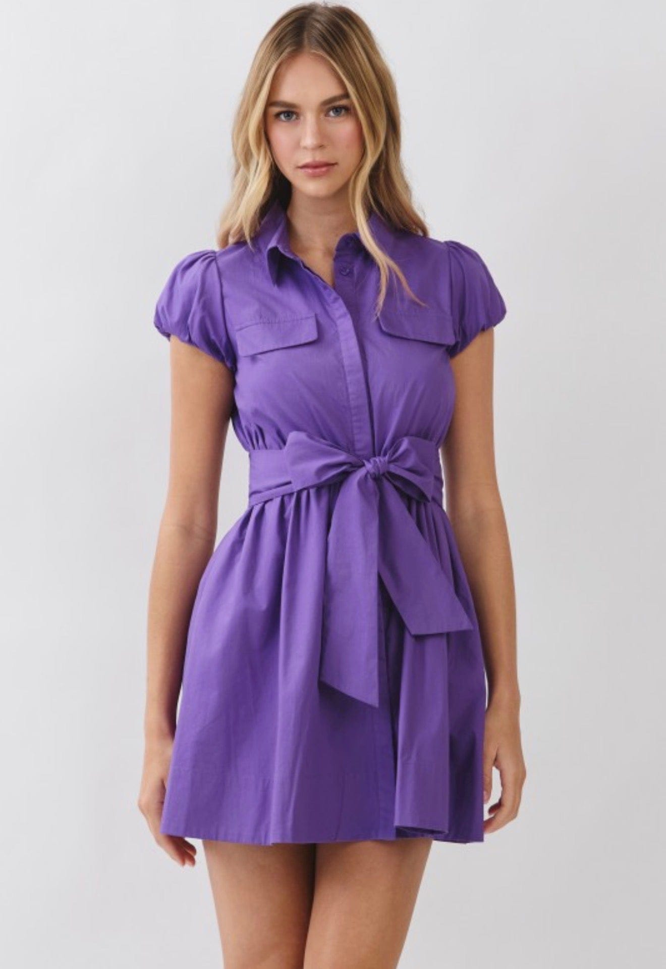 Puff Sleeve Shirt Mini Dress with Attached Tie Belt