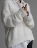 Miss Sparkling Oversized Button Front Fuzzy Cardigan in White