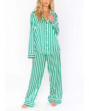 Rosa Clothing Home Satin Vertical Striped Christmas Pajama Set in Green