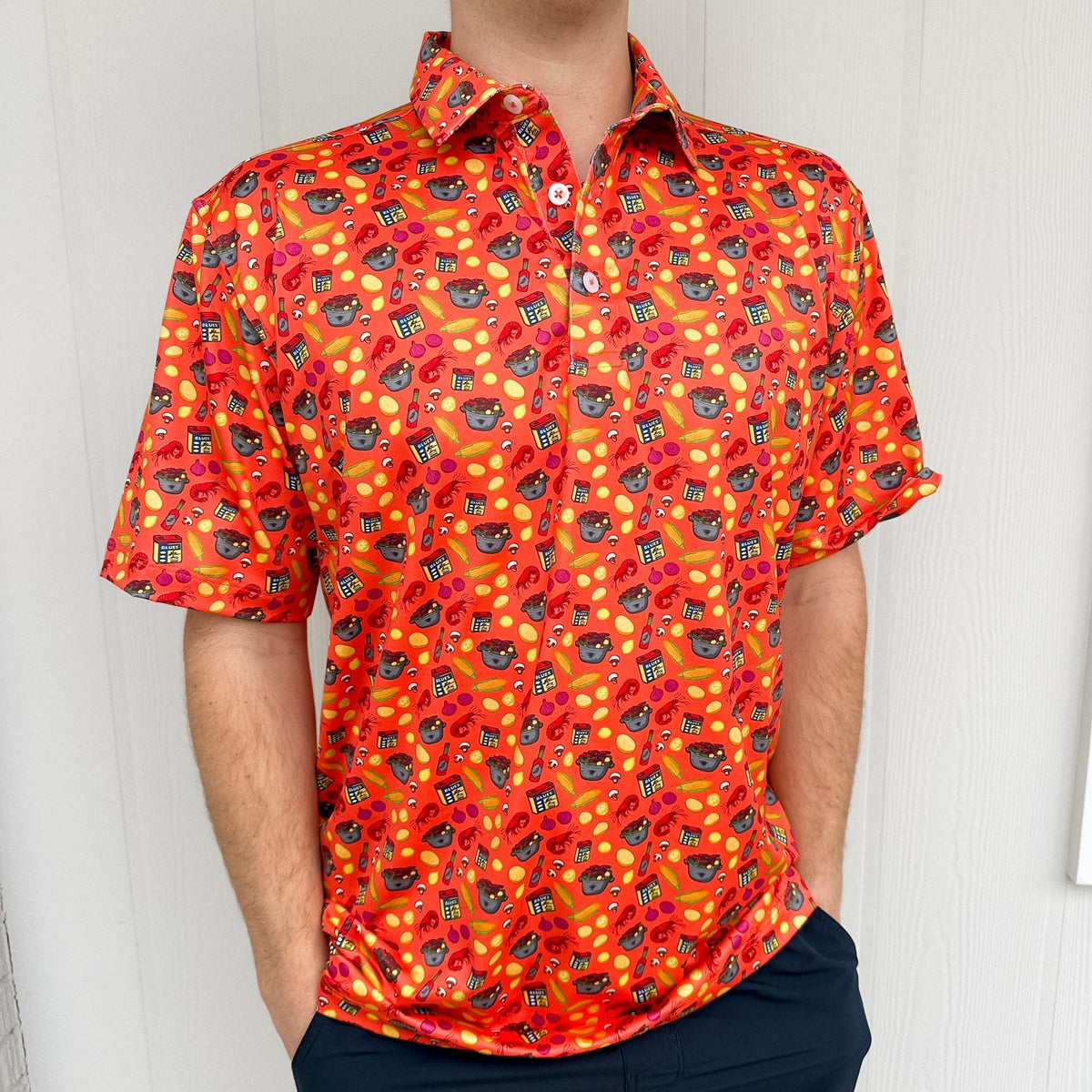 Crawfish Boil All-Over Print on Coral Men's Albatross Polo