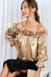 Vine & Love Ruffle Off-the-Shoulder Metallic Blouse in Gold