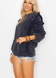 Cezele Ruffle Sleeve French Terry Sweatshirt in Navy