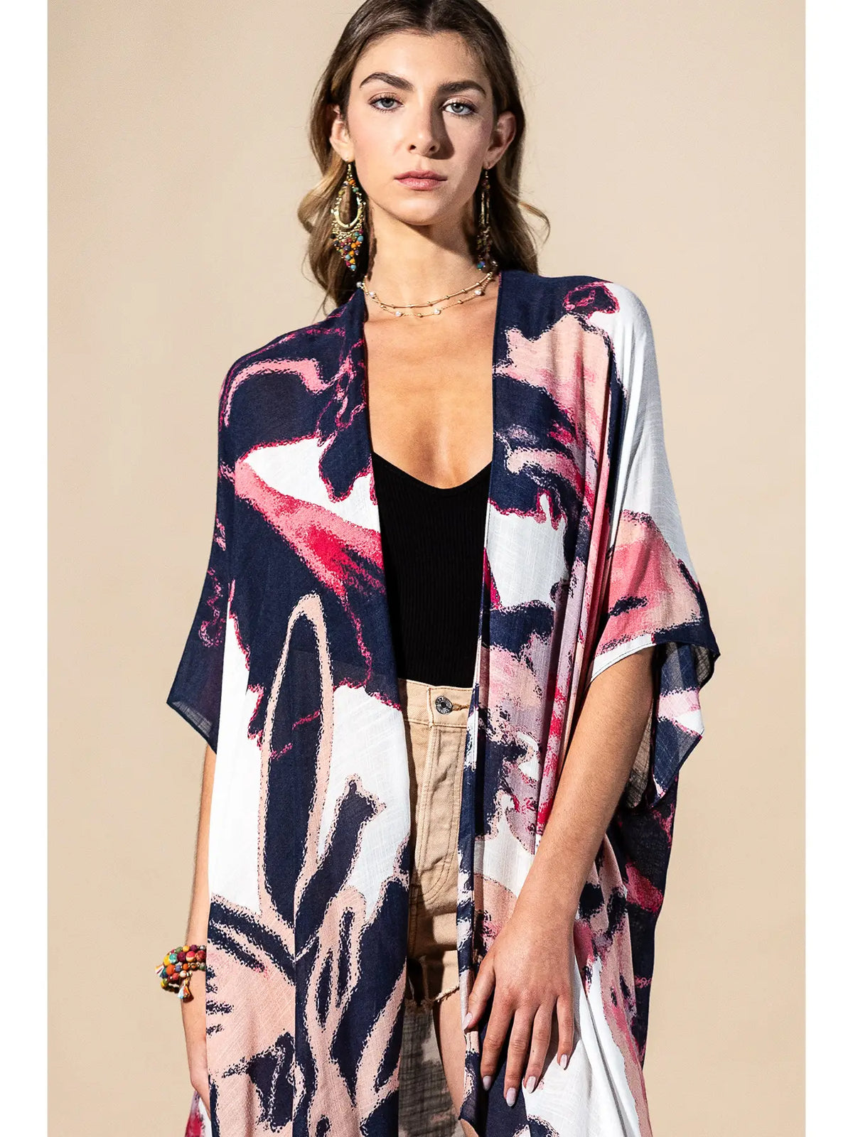Coral Multi Painted Bloom Viscose Kimono