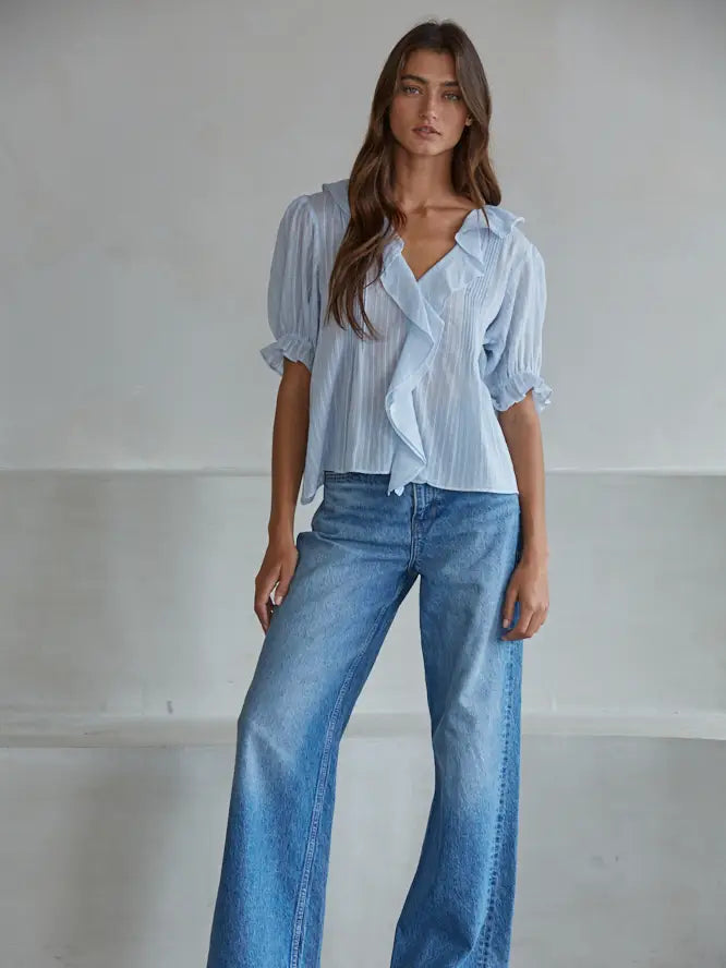 Ruffle Trim V-Neck Button Down Blouse