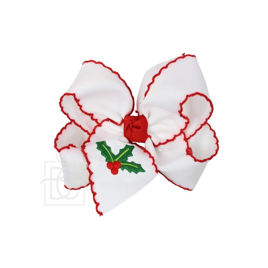 Beyond Creations Large 4.5" White Bow with Embroidered 1.5" Christmas Tree Holly on Red Crochet Edge Grosgrain, Bow with Knot on Alligator Clip - Little Miss Muffin Children & Home