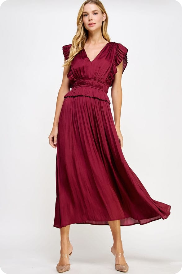 Strut & Bolt Sleeveless Pleated Long Satin Dress in Burgundy Strut & Bolt Sleeveless Pleated Long Satin Dress in Burgundy