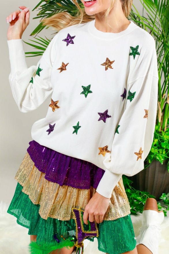 Vine & Love Vine & Love Balloon Sleeve Mardi Gras Sequin Stars Sweater - Little Miss Muffin Children & Home