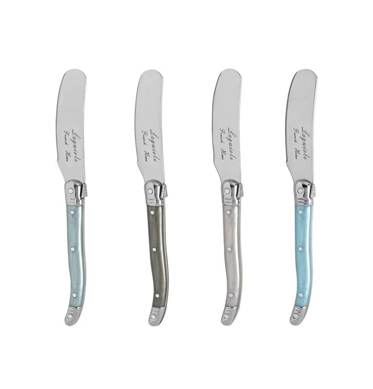 Set of four Laguiole steak knives with light blue handles on a white background