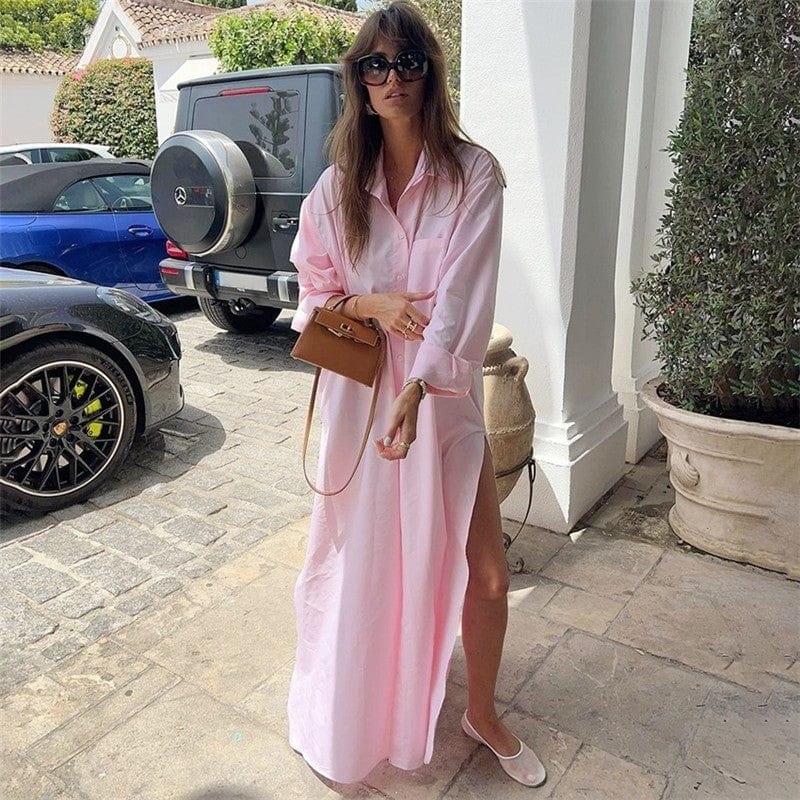 Casual Pink Split Hem Loose Maxi Shirt Dress Little Miss Muffin - Main Image